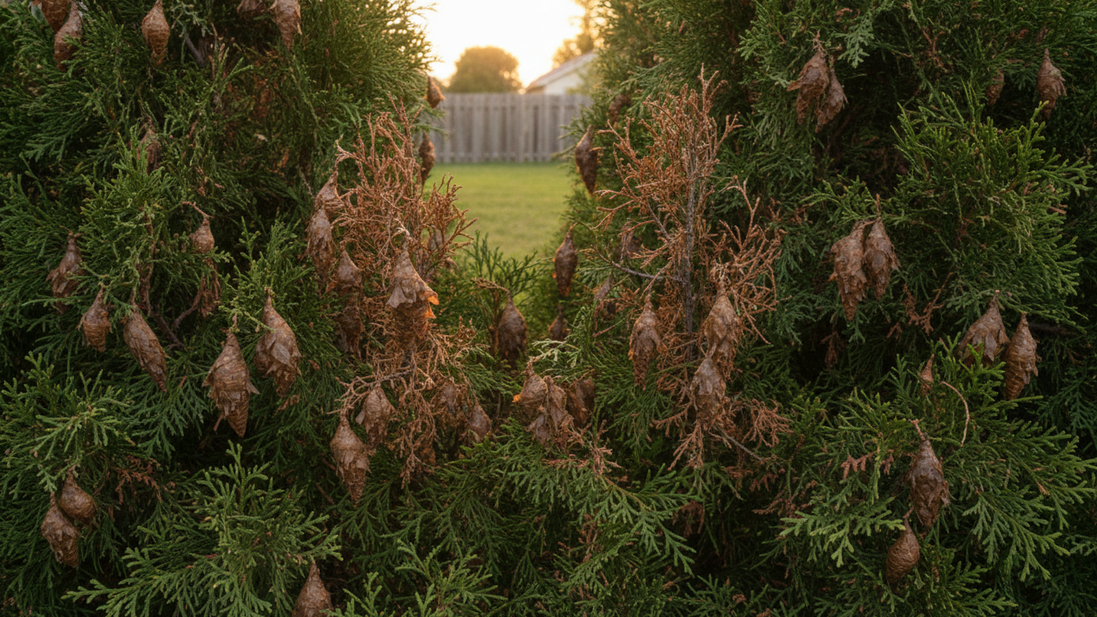 Brown bagworm bags hanging from a branch on an evergreen hedge in a Topeka yard
