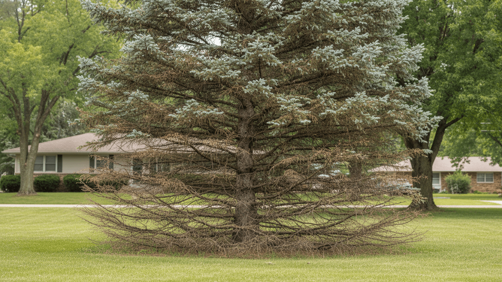 A Colorado blue spruce in a Topeka yard with brown, thinning lower branches and healthy blue-green growth at the top