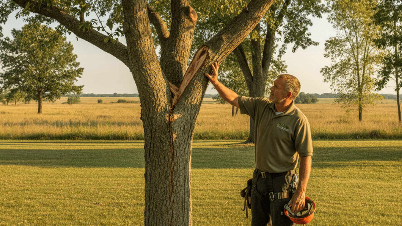 Arborist inspecting a split branch union on a Bradford pear tree in a Topeka front yard