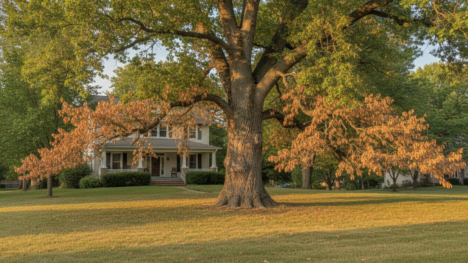 Mature bur oak in an older Topeka neighborhood with brown wilted leaves concentrated in its lower crown