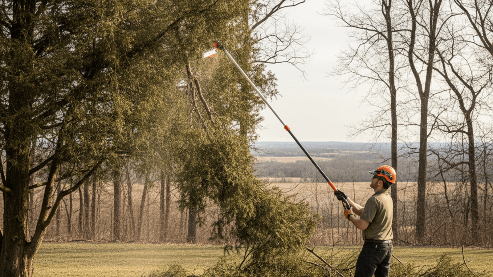 Crew member using a pole pruner to thin a dense eastern red cedar canopy in a Topeka yard