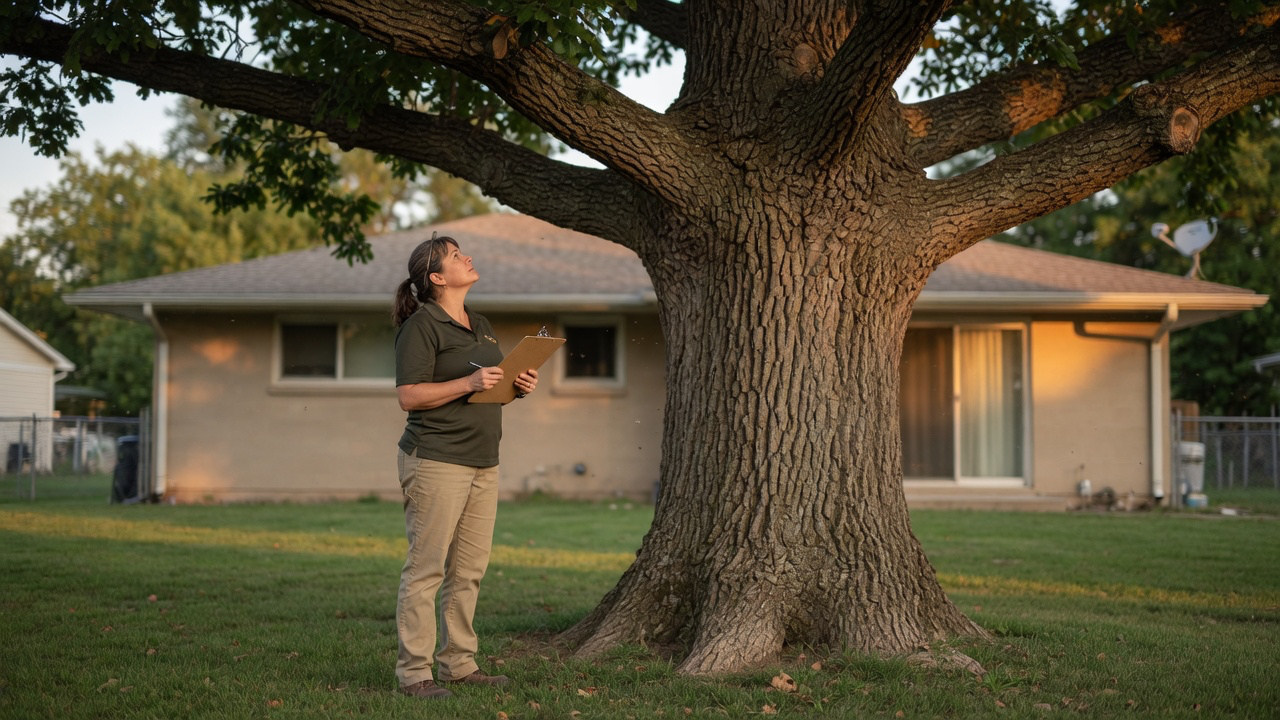 An evaluator with a clipboard inspecting a large branch union on a mature oak in a Topeka yard