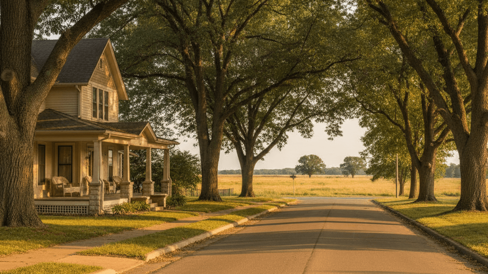 A wide Topeka street lined with mature shade trees where elms once formed a full canopy