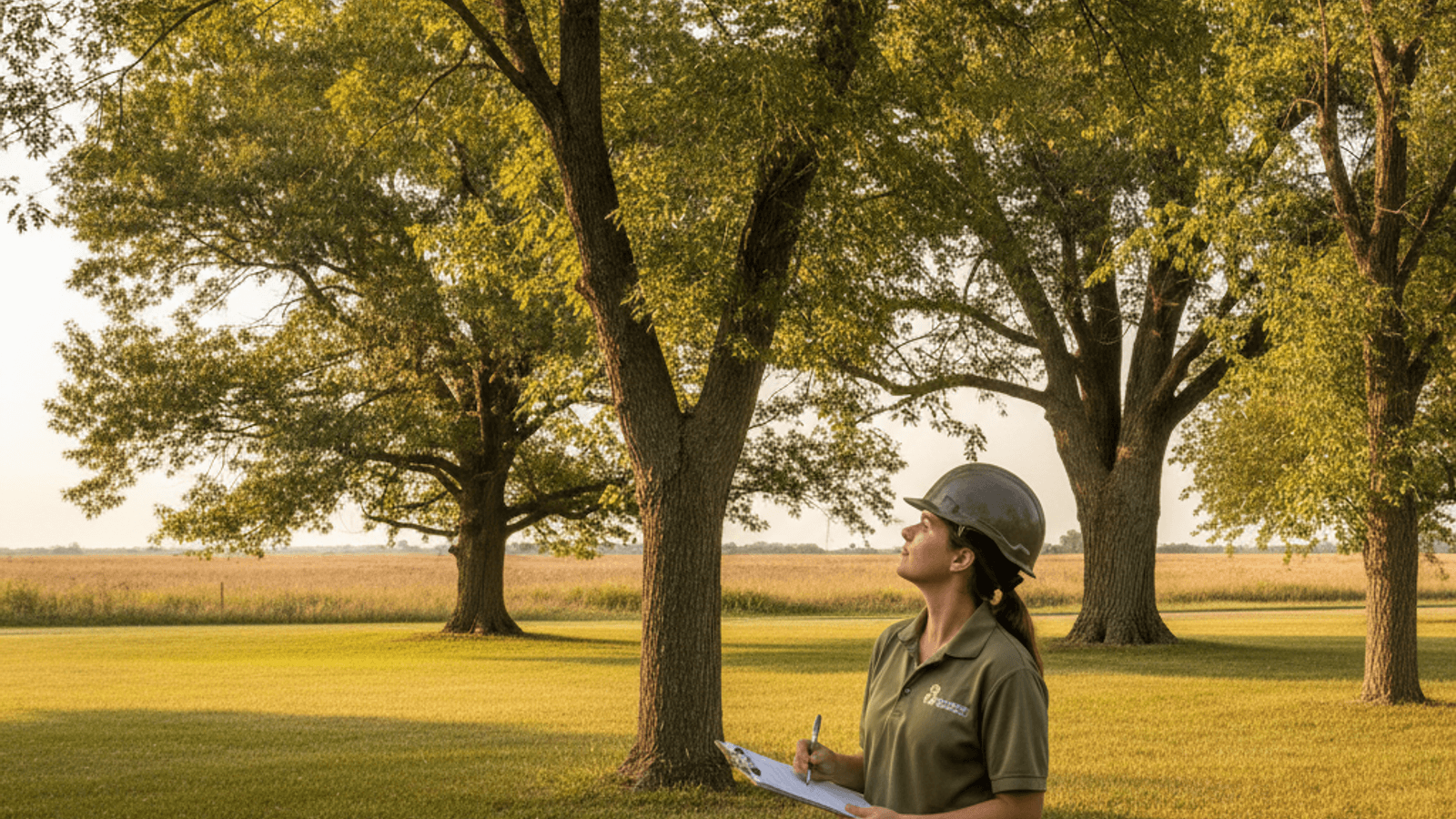 Arborist examining the vase-shaped branch structure of a mature American elm in a Topeka yard