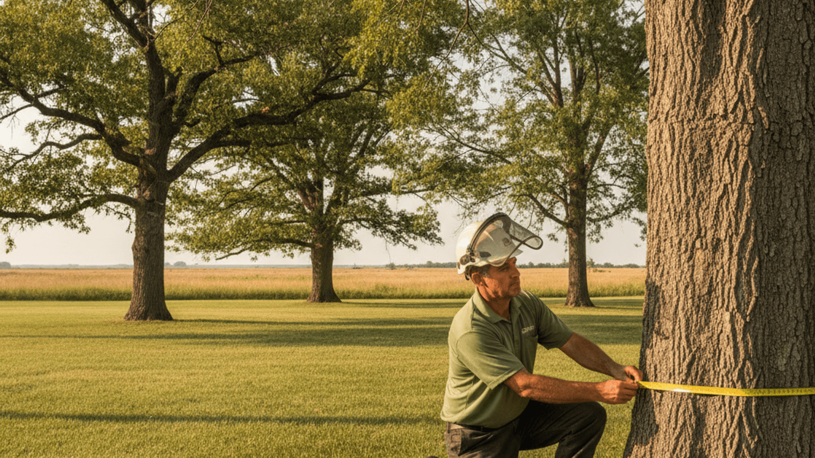 Arborist wrapping a diameter tape around an ash tree trunk in a Topeka yard