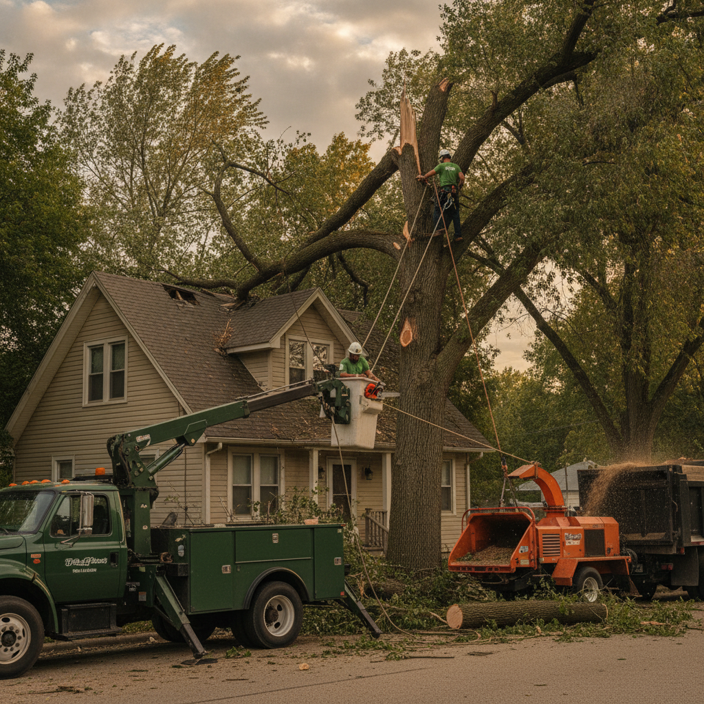 Broken silver maple limb resting on the roof of a Topeka house after a storm
