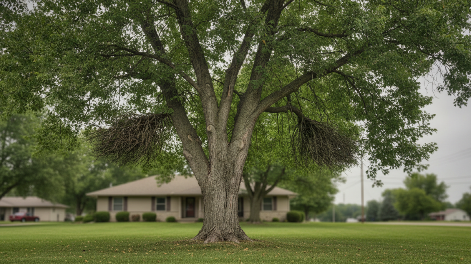 Mature hackberry with corky ridged bark and witches' brooms in a Topeka yard