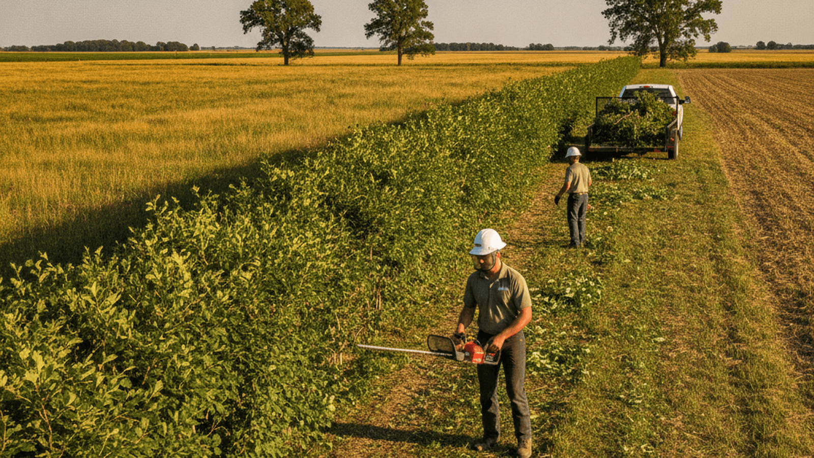 Crew trimming a long rural windbreak hedge row with a power hedger in Greater Topeka