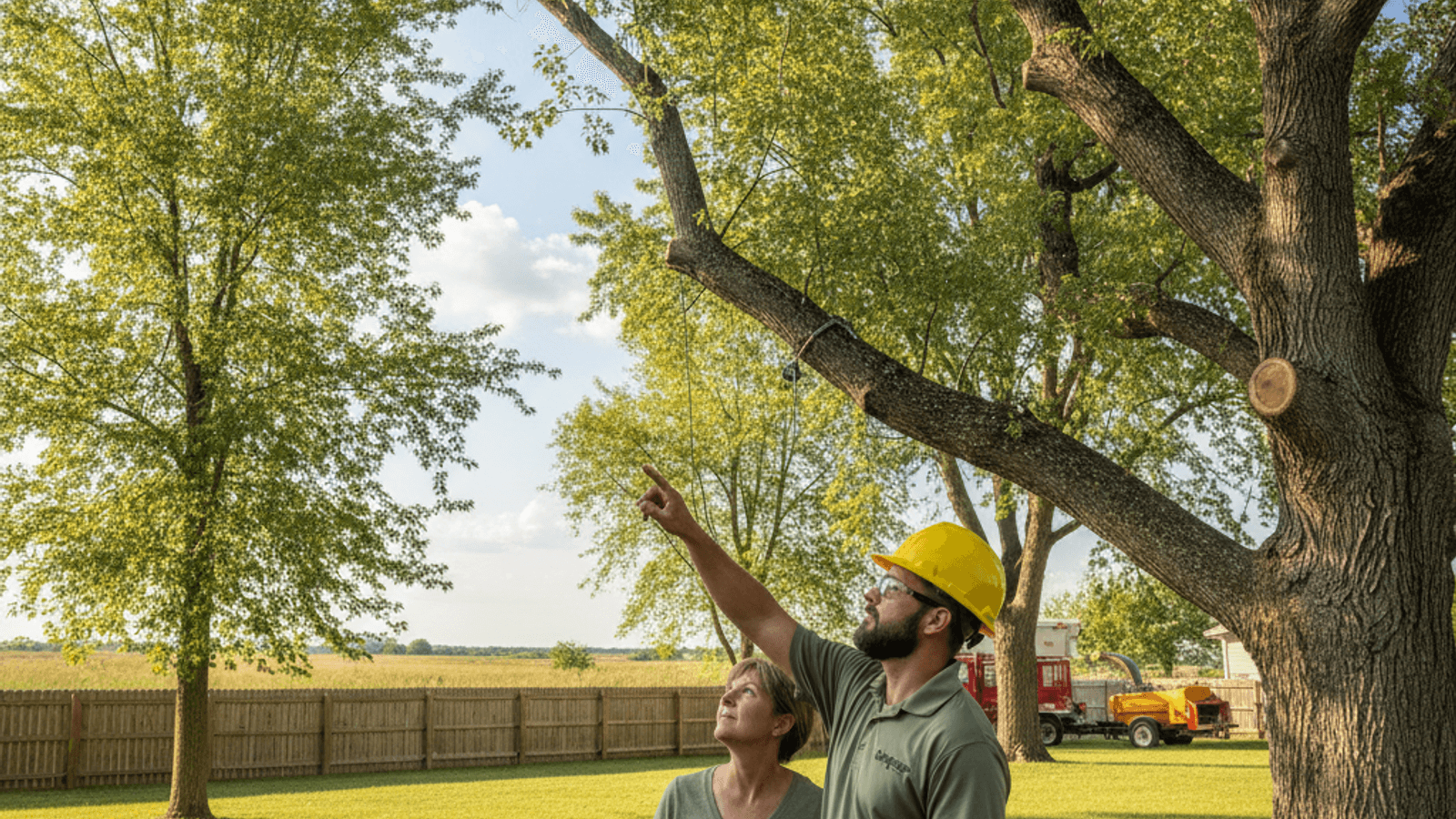 Tree service crew in work polos meeting with a homeowner in a Topeka yard to discuss removal
