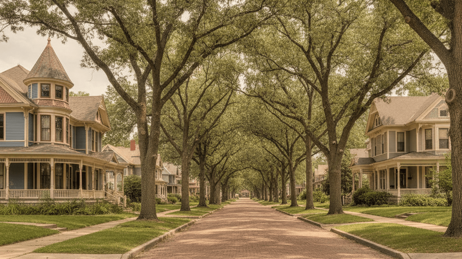 Queen Anne Victorian street with mature street trees and brick paving