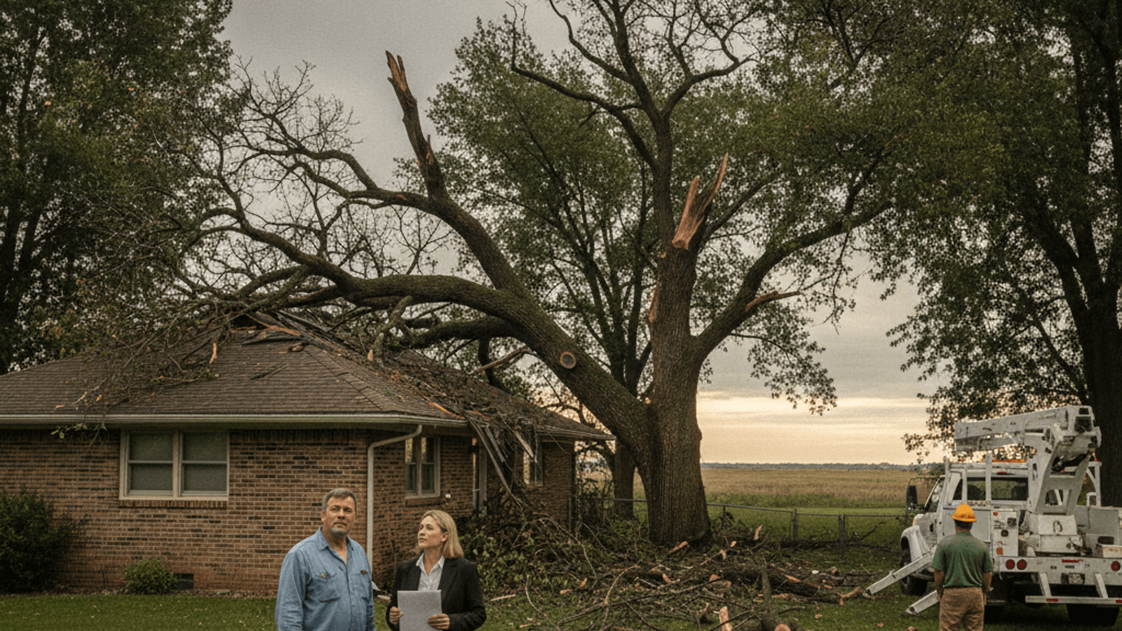 An insurance adjuster and homeowner reviewing storm damage from a large fallen tree resting against a Kansas home