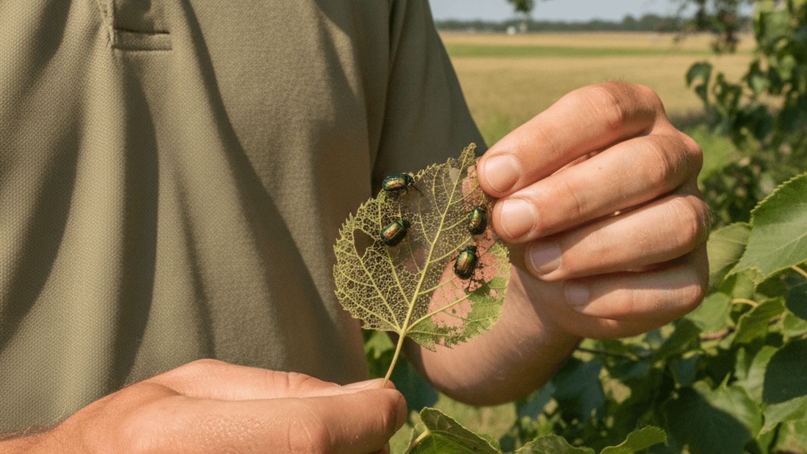 Arborist inspecting a littleleaf linden leaf skeletonized by Japanese beetles in a Topeka yard