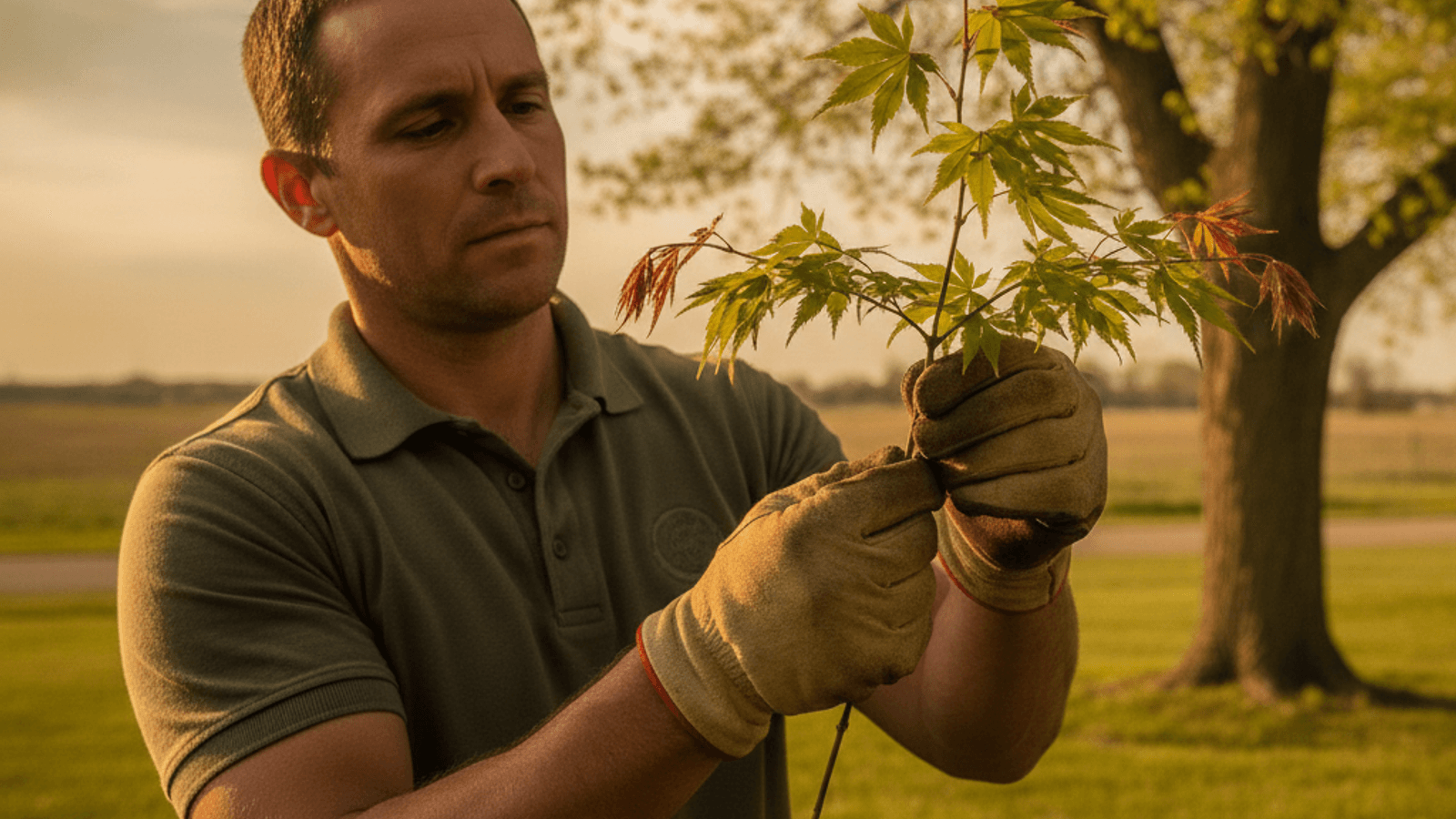 Arborist examining the distinctive palmate leaves and fine branch structure of a Japanese maple tree in a Topeka yard