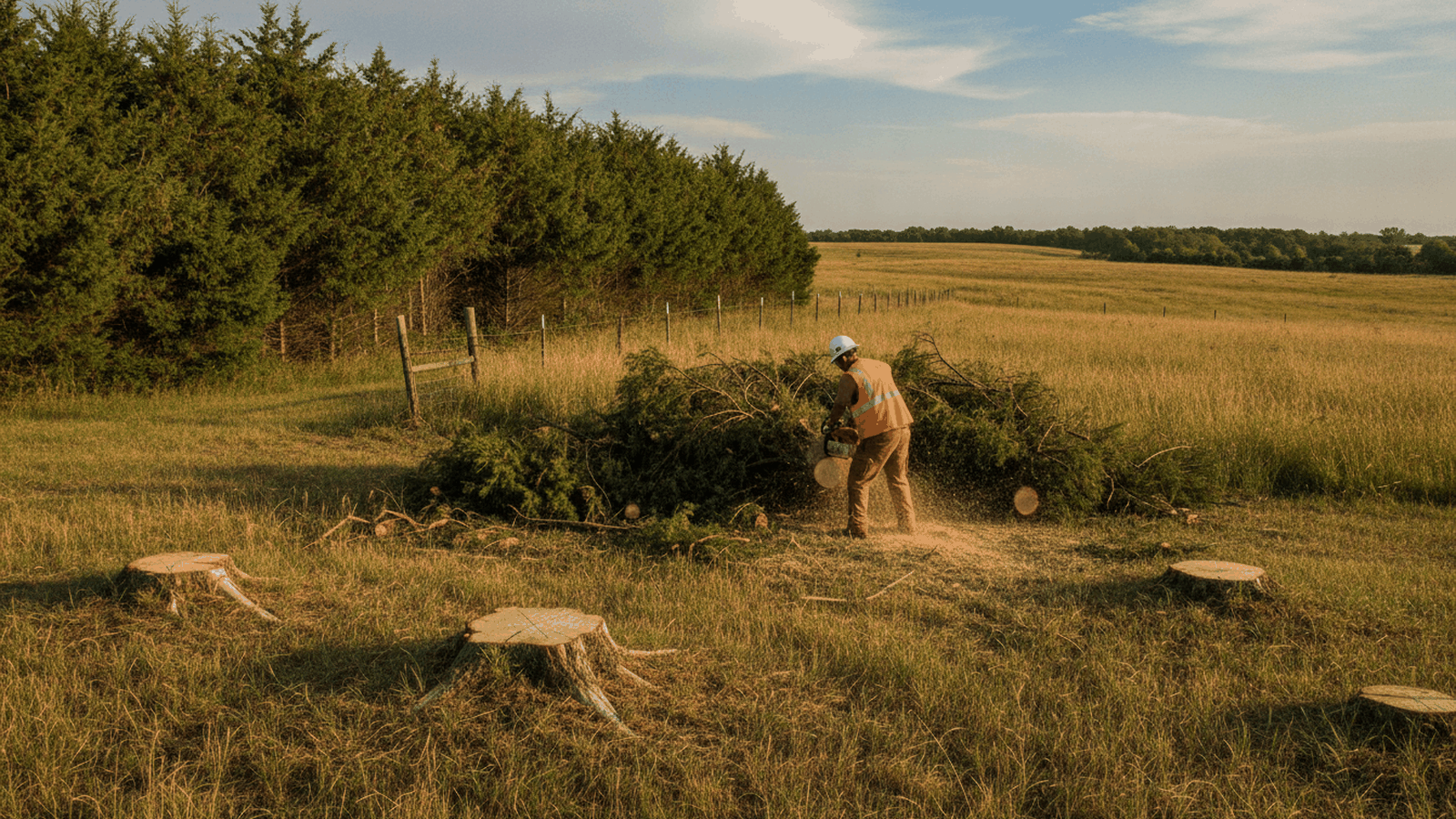 Worker cutting eastern redcedar along an overgrown pasture fence line on Kansas acreage, with cut stumps in the foreground