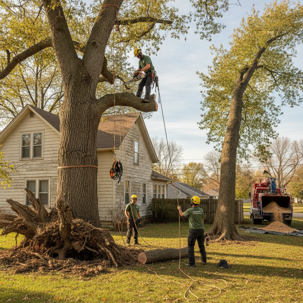 A mature yard tree in Greater Topeka leaning after a storm, with lifted soil at the root plate