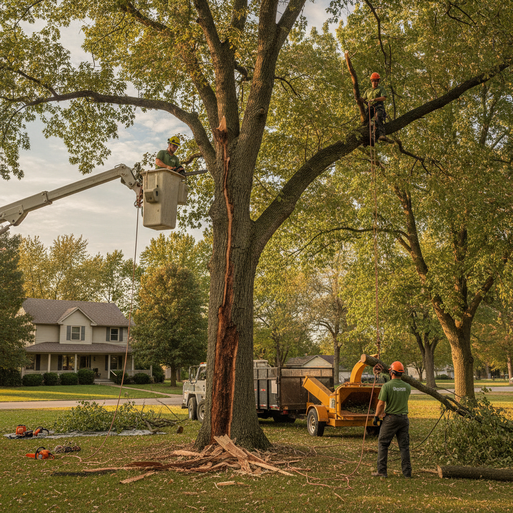Mature Topeka oak with a long vertical bark strip torn from the trunk after a lightning strike