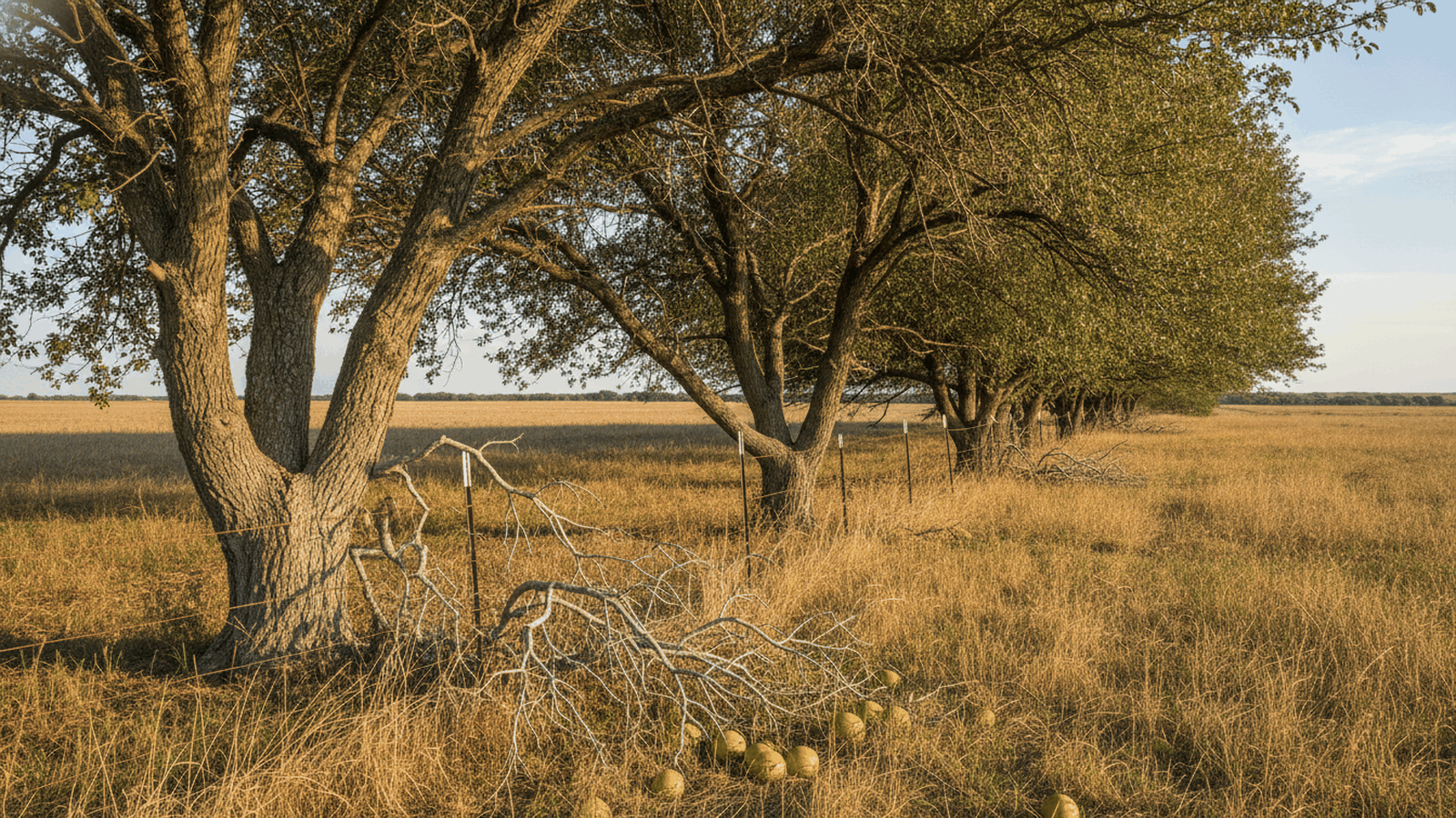 Overgrown Osage orange hedge row along an old fence line on northeast Kansas farmland