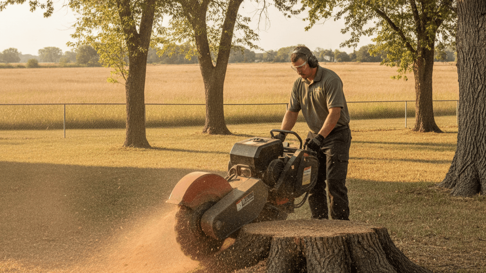 Crew member operating a stump grinder mid-cut through a large stump in a Topeka yard