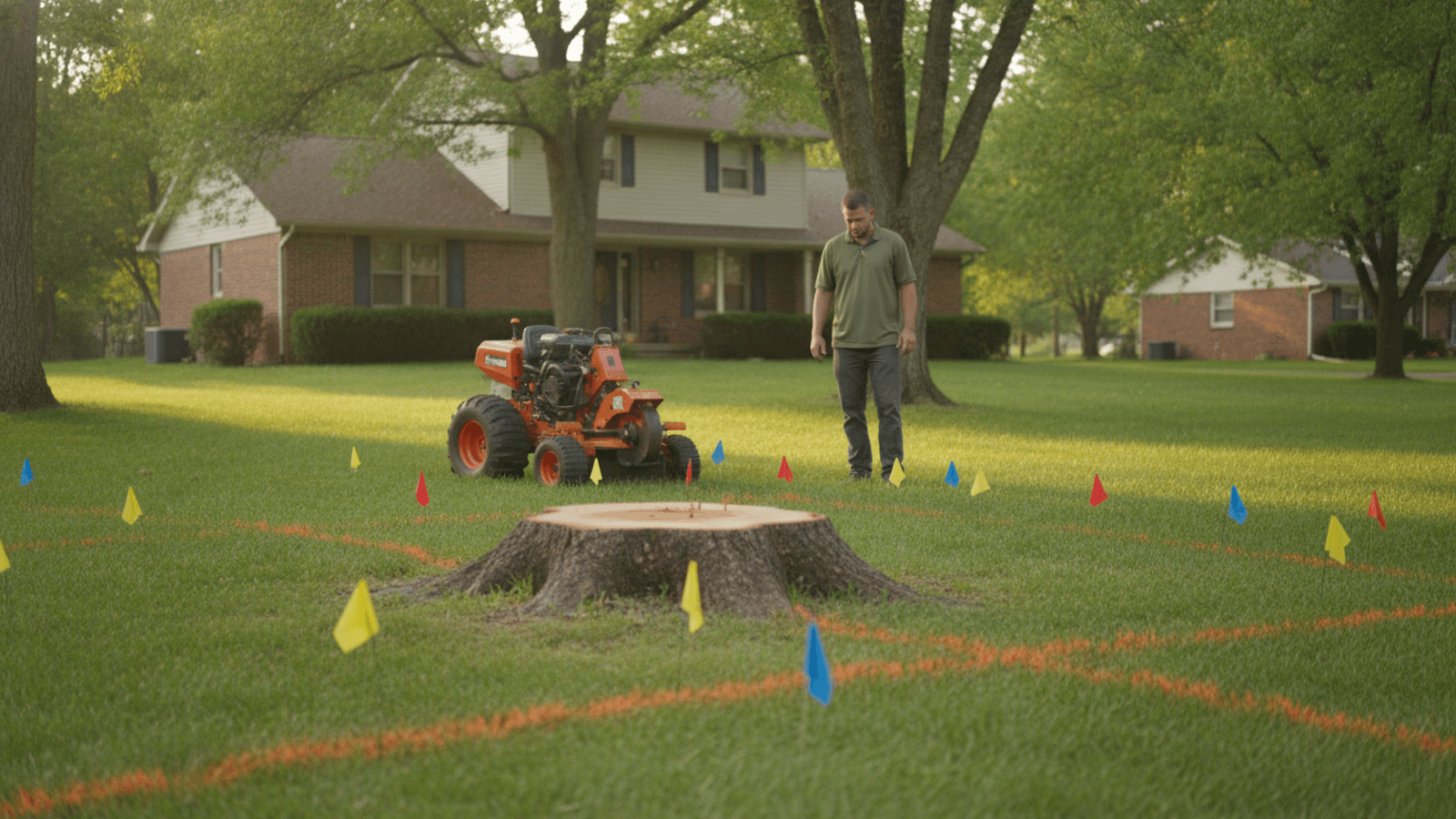 Fresh tree stump ringed by utility locate flags and paint lines in a Topeka front yard, stump grinder parked and idle nearby