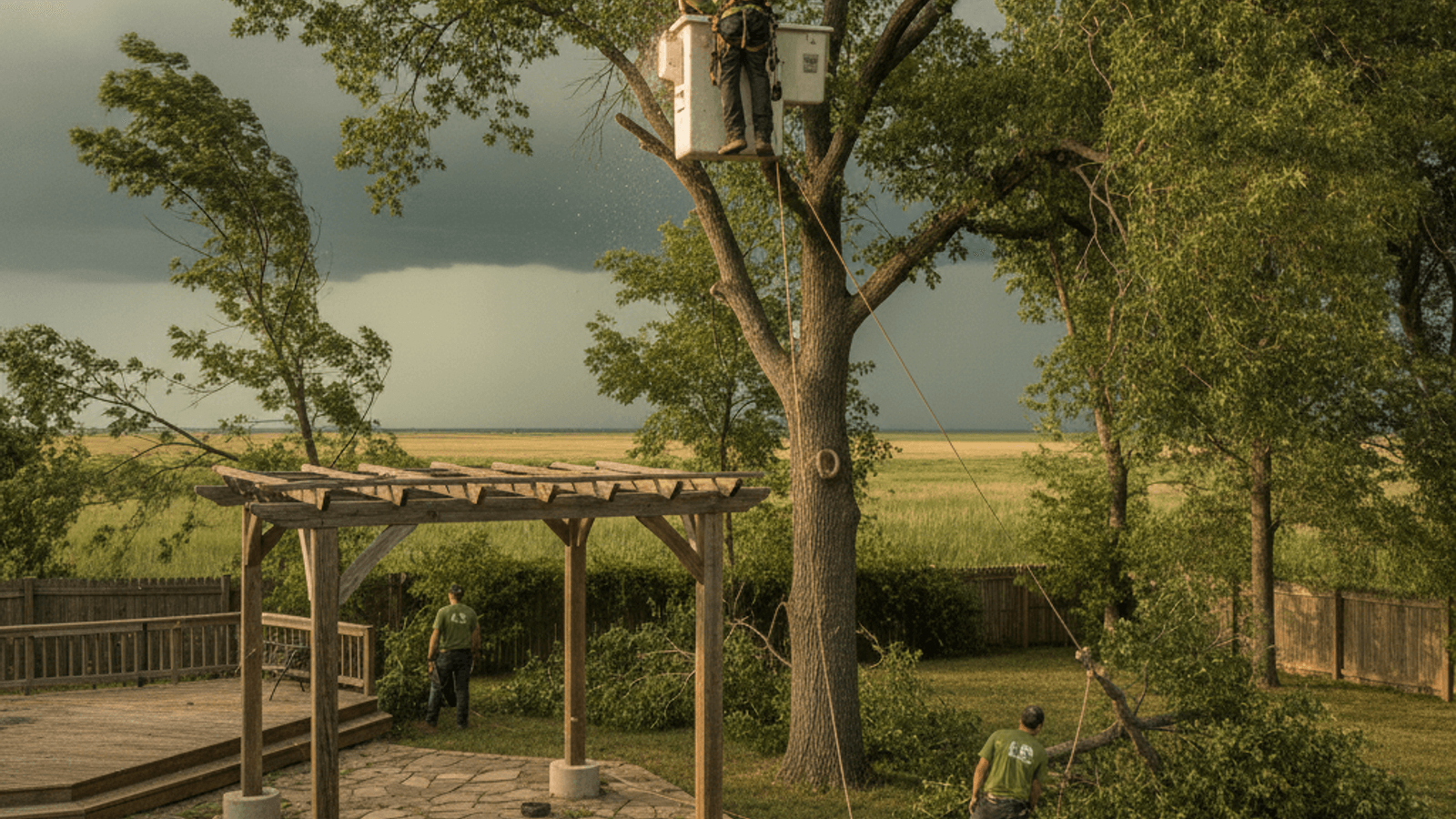 Mature tree with thinned canopy standing through a windy Kansas storm
