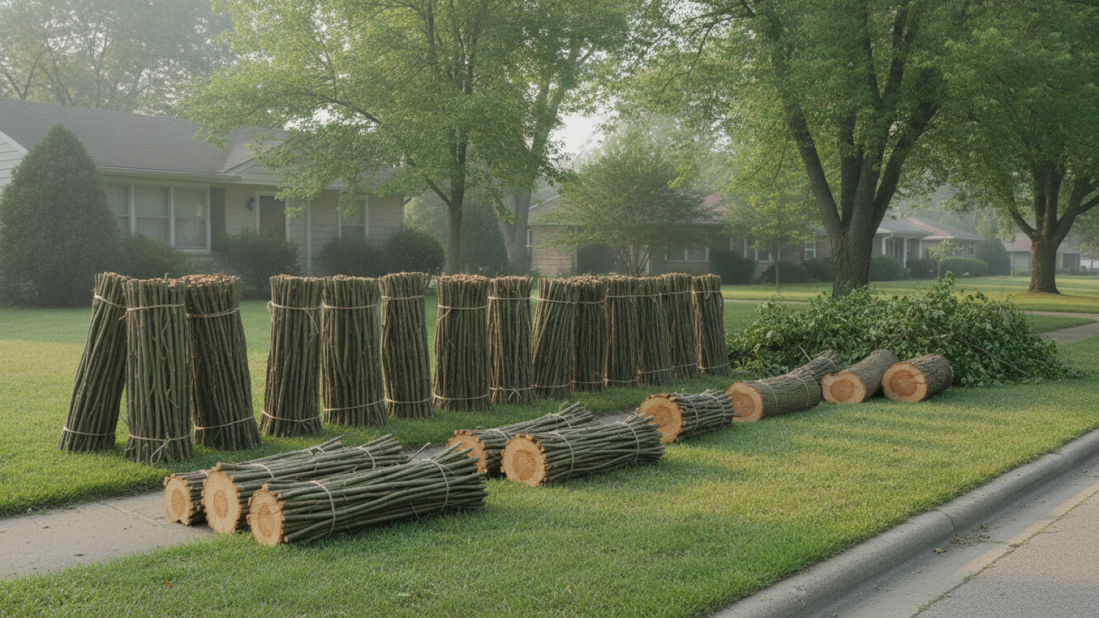 Bundled tree branches and cut logs stacked on the parkway strip at the curb of a Topeka residential street