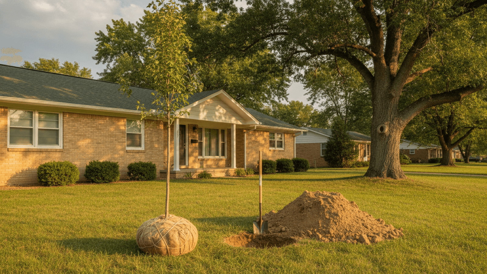 Young balled-and-burlapped shade tree beside a freshly dug planting hole and a mound of clay soil in the front yard of a brick Topeka ranch house, with a mature bur oak behind