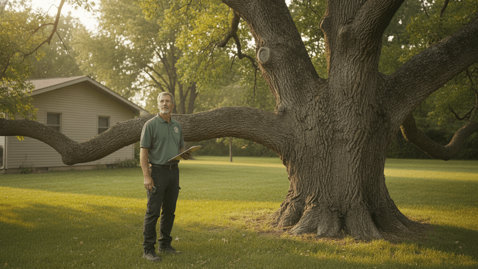 Arborist with a clipboard inspecting the trunk union of a mature bur oak in a Topeka back yard