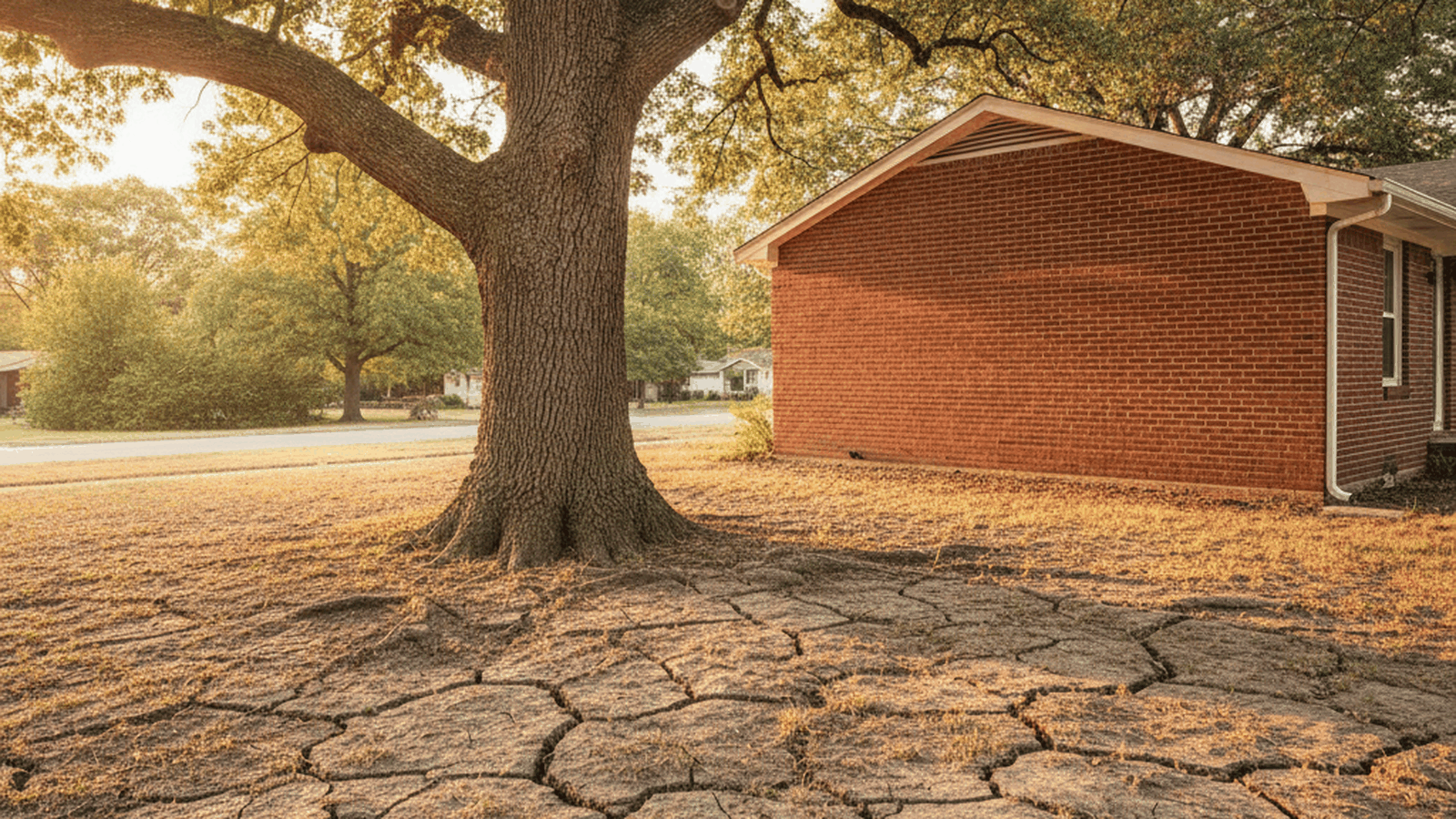 A mature bur oak beside a 1940s red brick house on a Topeka street, with wide shrinkage cracks opening across the dry clay yard between the trunk and the house