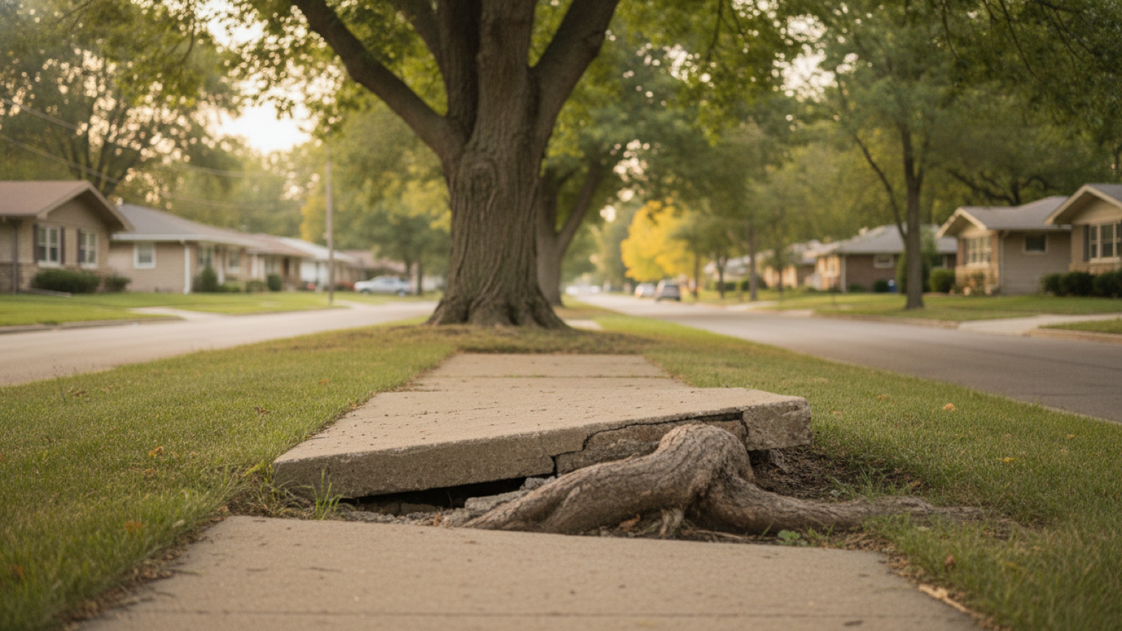 A sidewalk panel tilted and cracked upward by a large tree root on a Topeka residential street
