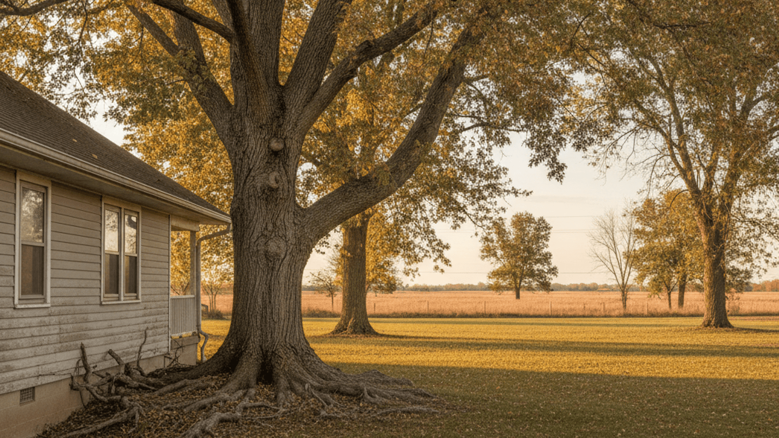 A large shade tree standing a few feet from the corner of a single-story Topeka house, its limbs reaching over the roofline