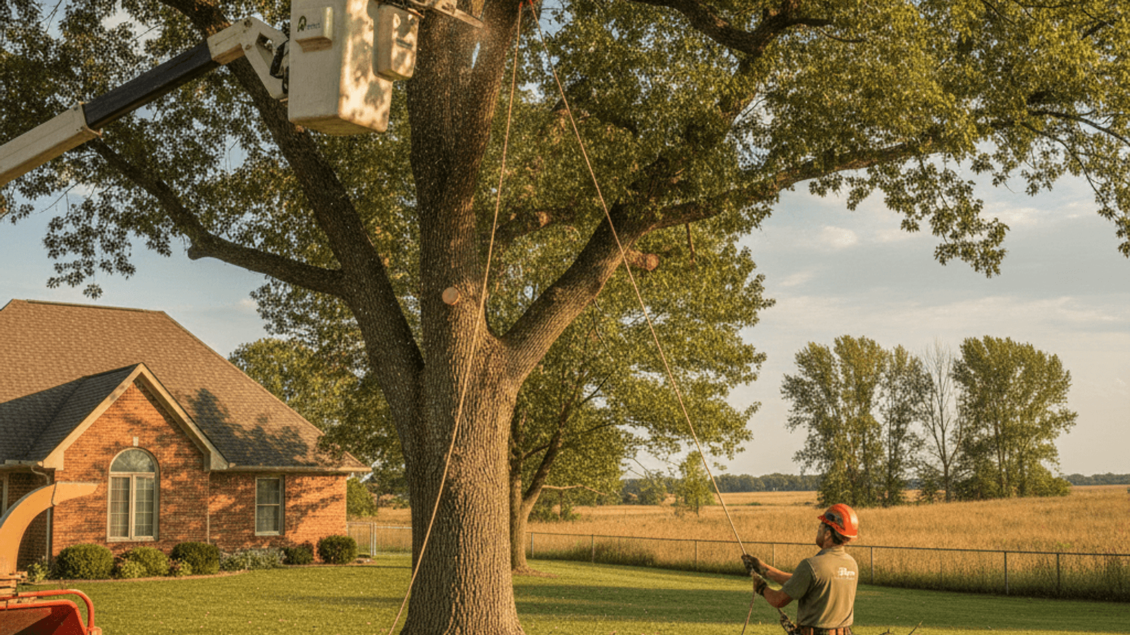 Two crew members thinning a dense mature bur oak canopy from a bucket truck in Topeka