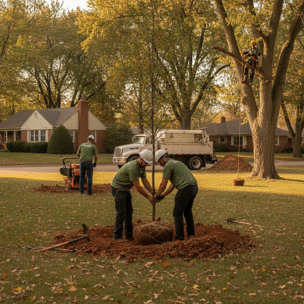 Homeowner planting a young shade tree in a Greater Topeka yard on clay soil in fall