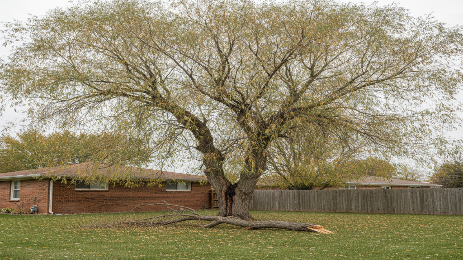A large weeping willow with thinning drooping branches in a Topeka back yard, one broken limb resting on the lawn