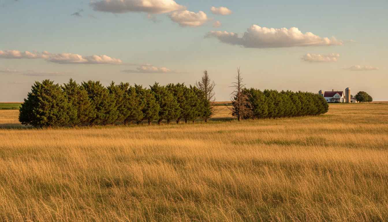Aging eastern redcedar windbreak row on Kansas acreage with a mid-row gap of dead trees