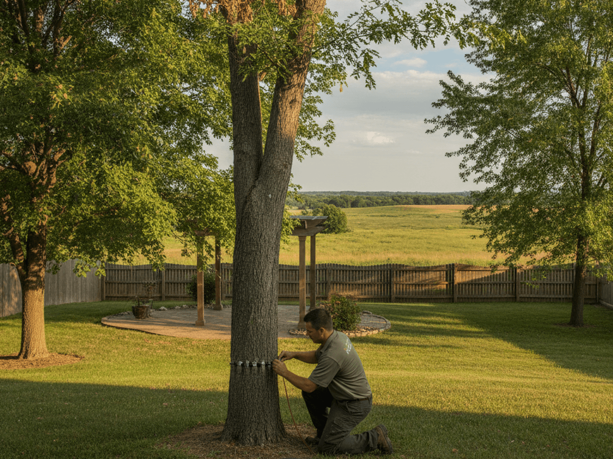 Arborist inspecting an ash tree trunk for emerald ash borer damage