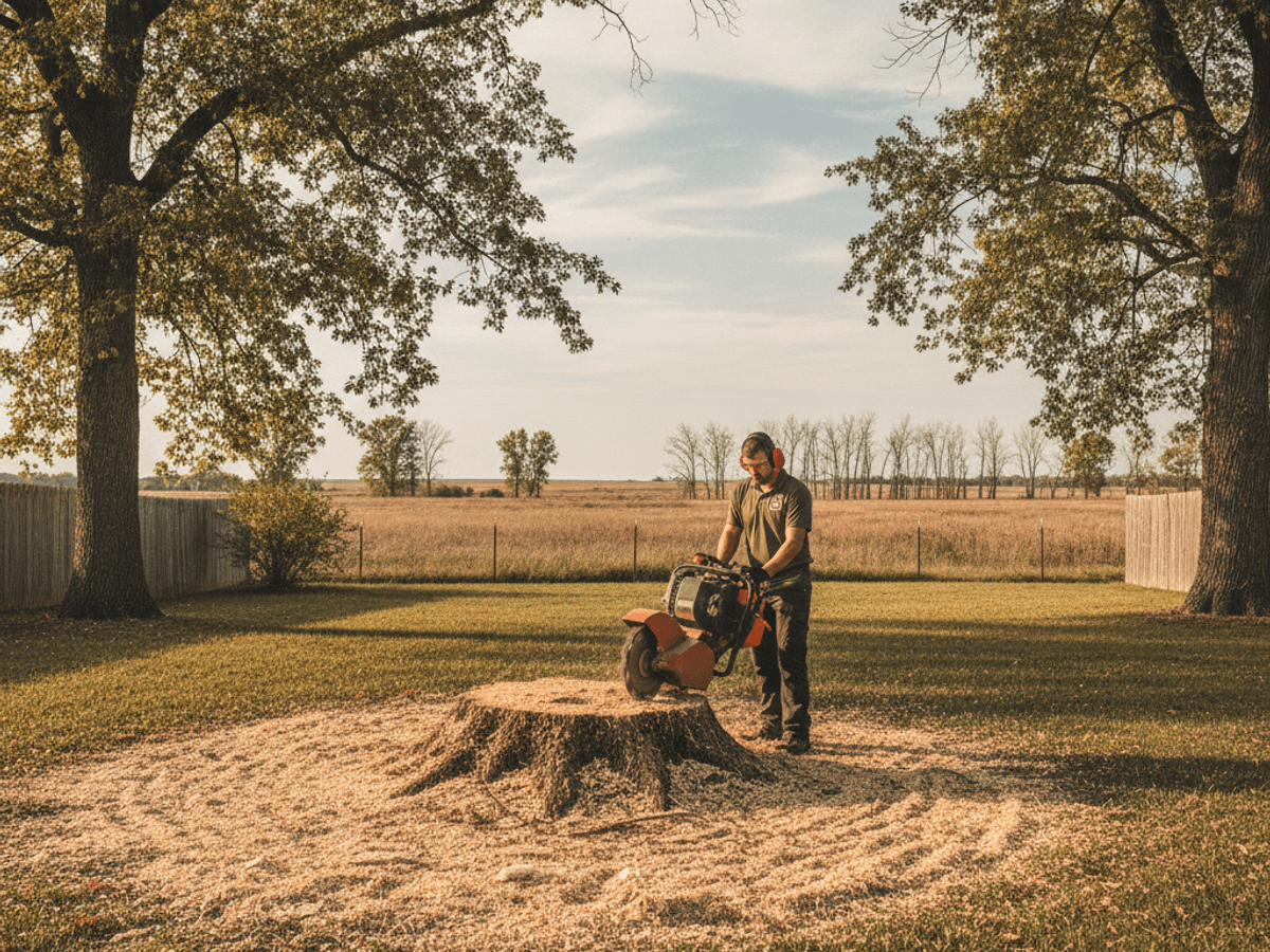 Stump grinder removing a tree stump in a Topeka backyard